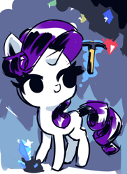 Size: 720x988 | Tagged: safe, artist:creamyogurt, derpibooru import, rarity, unicorn, chibi, crystal, diamond, gem, gem cave, gemstones, levitation, magic, missing cutie mark, pickaxe, solo, sparkles, telekinesis