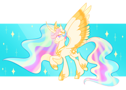 Size: 1280x916 | Tagged: safe, artist:viodacreator, derpibooru import, princess celestia, alicorn, pony, female, looking at you, mare, smiling, smiling at you, solo, sparkles, spread wings, wings