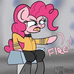 Size: 2000x2000 | Tagged: safe, artist:dafiltafish, derpibooru import, pinkie pie, pony, atg 2022, captain pike, chair, clothes, crossover, female, mare, newbie artist training grounds, simple background, solo, star trek:strange new worlds, text