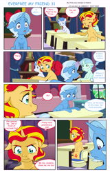 Size: 5789x9050 | Tagged: safe, artist:jeremy3, derpibooru import, sunset shimmer, trixie, pony, unicorn, comic:everfree, comic:everfree my friend, equestria girls, classroom, comic, female, filly, filly sunset shimmer, filly trixie, foal, open mouth, ribbon, speech bubble, upset, younger