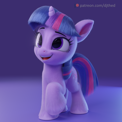 Size: 4096x4096 | Tagged: safe, artist:therealdjthed, derpibooru import, twilight sparkle, unicorn twilight, pony, unicorn, 3d, absurd resolution, cute, daaaaaaaaaaaw, eyebrows, female, filly, filly twilight sparkle, foal, happy, hnnng, open mouth, open smile, raised hoof, raised leg, signature, smiling, solo, twiabetes, weapons-grade cute, younger