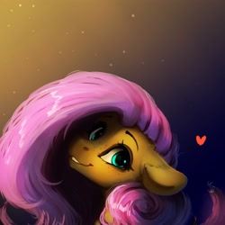 Size: 4000x4000 | Tagged: safe, artist:miokomata, derpibooru import, fluttershy, pegasus, pony, absurd resolution, bust, ears, female, floating heart, floppy ears, freckles, freckleshy, gradient background, grin, heart, looking at you, mare, smiling, smiling at you, solo