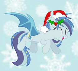 Size: 1731x1578 | Tagged: safe, artist:owlity, derpibooru import, oc, oc only, oc:star struck, bat pony, pony, christmas, cute, eyes closed, fangs, female, flying, hat, holiday, open mouth, open smile, santa hat, smiling, solo, spread wings, wings