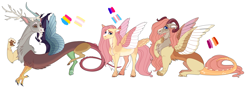 Size: 6000x2100 | Tagged: safe, artist:uunicornicc, derpibooru import, discord, fluttershy, oc, oc:iris, draconequus, hybrid, pony, colored wings, interspecies offspring, multicolored wings, offspring, parent:discord, parent:fluttershy, parents:discoshy, simple background, story included, white background, wings