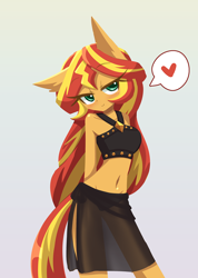 Size: 1000x1407 | Tagged: safe, artist:howxu, derpibooru import, sunset shimmer, anthro, equestria girls, arm behind back, bare shoulders, blushing, breasts, clothes, looking at you, seduction, sleeveless, speech bubble, swimsuit