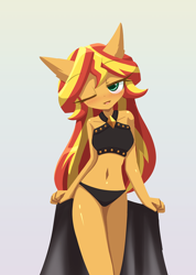 Size: 1000x1407 | Tagged: safe, artist:howxu, derpibooru import, sunset shimmer, anthro, equestria girls, arm behind back, bare shoulders, blushing, breasts, clothes, looking at you, one eye closed, open mouth, seduction, sleeveless, solo, speech bubble, stripping, swimsuit