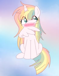 Size: 975x1255 | Tagged: safe, artist:owlity, derpibooru import, oc, oc only, oc:sweet dreams, alicorn, pony, alicorn oc, blushing, female, hiding behind wing, horn, looking away, simple background, solo, wings