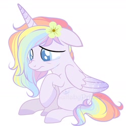 Size: 1649x1656 | Tagged: safe, artist:owlity, derpibooru import, oc, oc only, oc:flower power, alicorn, pony, alicorn oc, crying, female, flower, flower in hair, horn, looking down, raised hoof, raised leg, simple background, sitting, solo, white background, wings
