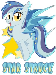 Size: 768x1024 | Tagged: safe, artist:owlity, derpibooru import, oc, oc only, oc:star struck, bat pony, pony, fangs, female, jumping, looking at you, open mouth, open smile, simple background, smiling, solo, text, white background