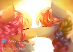 Size: 1750x1250 | Tagged: safe, artist:mikkybun, derpibooru import, fluttershy, rainbow dash, pegasus, pony, alternate hairstyle, braid, bust, commission, duo, eyes closed, female, flutterdash, lesbian, mare, shipping, signature