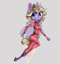 Size: 1000x1050 | Tagged: safe, artist:hollybright, derpibooru import, oc, oc only, anthro, unicorn, clothes, determined, female, flying, jetpack, jumpsuit, simple background, solo