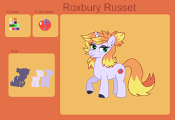 Size: 1084x746 | Tagged: safe, artist:miss-barker, derpibooru import, oc, oc only, oc:roxbury russet, pony, unicorn, female, mare, offspring, parent:braeburn, parent:rarity, parents:rariburn, reference sheet, solo