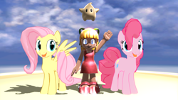 Size: 1280x720 | Tagged: safe, artist:kasden95, derpibooru import, fluttershy, pinkie pie, pegasus, pony, robot, 3d, crossover, female, gynoid, looking at you, luma, mare, megaman, roll, smiling, smiling at you, super mario bros., super mario galaxy, waving at you