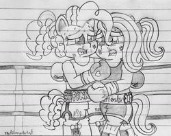 Size: 1280x1013 | Tagged: safe, artist:ct1443ae, derpibooru import, fluttershy, pinkie pie, earth pony, pegasus, semi-anthro, boxing, boxing gloves, boxing ring, hug, lined paper, mouth guard, open mouth, pencil drawing, sports, traditional art