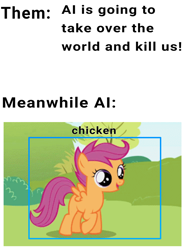 Size: 1664x2222 | Tagged: safe, derpibooru import, edit, editor:dematrix-edit, scootaloo, pegasus, pony, lesson zero, ai failure, ai is going to take over the world, exploitable meme, female, filly, foal, meme, open mouth, scootachicken, text