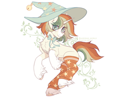 Size: 2400x1890 | Tagged: safe, artist:avroras_world, derpibooru import, oc, oc only, pony, unicorn, accessories, bell, bell collar, bow, chest fluff, clothes, collar, commission, ear fluff, ears, eye clipping through hair, eyebrows, female, hat, high res, leg fluff, looking away, mare, multicolored hair, multicolored mane, multicolored tail, short hair, short mane, short tail, simple background, smiling, socks, solo, tail, unshorn fetlocks, white background, witch hat