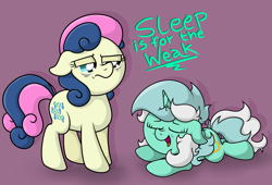 Size: 4125x2799 | Tagged: safe, artist:background basset, derpibooru import, bon bon, lyra heartstrings, sweetie drops, earth pony, pony, unicorn, dialogue, duo, eyes closed, open mouth, simple background, sleep deprivation, text