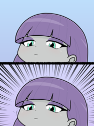 Size: 1668x2224 | Tagged: safe, artist:batipin, derpibooru import, maud pie, equestria girls, 2 panel comic, adorable distress, angry dog noises, anime, blue background, comic, cute, emotionless, eyelashes, eyeshadow, female, makeup, meme, simple background, solo