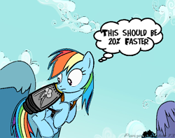 Size: 640x505 | Tagged: safe, artist:panzerknacker73, derpibooru import, edit, edited screencap, screencap, rainbow dash, pegasus, pony, 20% cooler, cloud, deep fried meme, female, jetpack, meme, sky, sky background, solo, thought bubble, wings