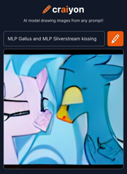 Size: 1162x1588 | Tagged: safe, derpibooru import, machine learning generated, gallus, silverstream, classical hippogriff, griffon, hippogriff, craiyon, dall·e mini, duel, eyes closed, female, gallstream, kissing, male, shipping, straight