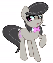 Size: 1998x2403 | Tagged: safe, artist:kindakismet, derpibooru import, octavia melody, earth pony, pony, bowtie, female, huh, looking at you, mare, open mouth, raised hoof, raised leg, simple background, solo, sparkly mane, white background