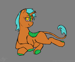 Size: 2400x2000 | Tagged: safe, artist:somber, derpibooru import, oc, oc only, oc:neighpalm, hybrid, kirin, original species, female, horn, lying down, solo