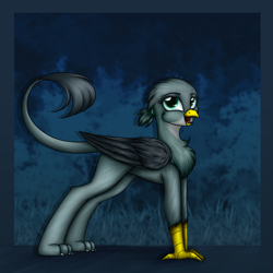 Size: 2133x2132 | Tagged: safe, artist:darklight1315, derpibooru import, gabby, griffon, chest fluff, looking at you, open beak, open mouth, open smile, side view, smiling, smiling at you, solo, standing