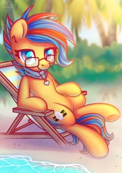 Size: 2150x3035 | Tagged: safe, artist:musicfirewind, derpibooru import, oc, oc only, oc:soundwave, earth pony, pony, beach chair, chair, glasses, jewelry, pendant, sitting, solo