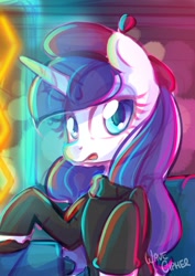 Size: 2480x3508 | Tagged: safe, artist:musicfirewind, derpibooru import, rarity, pony, unicorn, beatnik rarity, beret, clothes, female, hat, mare, open mouth, solo, sweater, wip