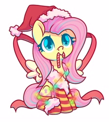 Size: 2276x2548 | Tagged: safe, artist:musicfirewind, derpibooru import, fluttershy, pegasus, pony, candy, candy cane, christmas, christmas lights, clothes, food, hat, holiday, santa hat, simple background, socks, solo, striped socks, white background, ych example, your character here