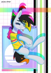 Size: 1238x1764 | Tagged: safe, artist:musicfirewind, derpibooru import, oc, oc only, oc:cipher wave, earth pony, hybrid, pony, ;p, abstract background, hand, one eye closed, pansexual pride flag, pride, pride flag, solo, tongue, tongue out