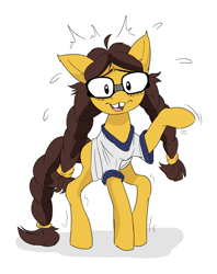 Size: 3501x4429 | Tagged: safe, artist:neoncel, derpibooru import, oc, oc only, earth pony, pony, clothes, glasses, meme, nerd, nerd pony, nervous, nervous sweat, ponified, ponified meme, ponytails, shirt, simple background, solo, t-shirt, white background