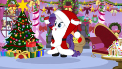 Size: 1024x585 | Tagged: artist needed, safe, derpibooru import, rarity, pony, unicorn, bag, beard, bell, belt, bipedal, boots, bow, candy, candy cane, carousel boutique, chimney, christmas, christmas decoration, christmas lights, christmas ornament, christmas star, christmas stocking, christmas tree, christmas wreath, clothes, coat, costume, decoration, fainting couch, fake beard, female, fireplace, food, garland, gingerbread house, gloves, hat, holiday, holly, horn, indoors, lights, mare, open mouth, plushie, present, sack, santa beard, santa claus, santa costume, santa hat, santa sack, shoes, snow, snowfall, snowpony, sofa, solo, standing, table, teddy bear, tree, window, wreath