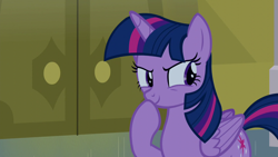 Size: 1280x720 | Tagged: safe, derpibooru import, screencap, twilight sparkle, twilight sparkle (alicorn), alicorn, pony, amending fences, season 5, >:), cute, evil grin, female, folded wings, grin, hoof over mouth, mare, raised hoof, raised leg, smiling, smirk, solo, thinking, wings