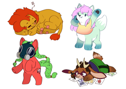 Size: 7016x4961 | Tagged: safe, artist:cutepencilcase, derpibooru import, oc, oc only, oc:sweet release, anthro, big cat, earth pony, lion, pony, bipedal, braid, braided pigtails, braided tail, chibi, chubby, clothes, earth pony oc, gas mask, green mane, mask, multiple characters, potato pony, simple background, tail, white background