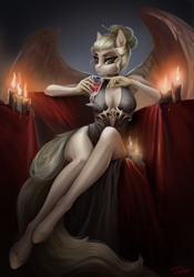 Size: 2104x3000 | Tagged: safe, artist:dacsy, derpibooru import, oc, oc only, oc:kolba, anthro, pegasus, unguligrade anthro, absolute cleavage, alcohol, anthro oc, breasts, candle, cleavage, clothes, dress, drink, female, large wings, looking at you, mare, side slit, sitting, solo, total sideslit, wine, wine glass, wings