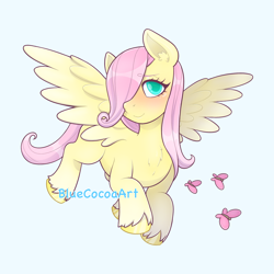 Size: 2048x2048 | Tagged: safe, artist:bluecocoaart, derpibooru import, fluttershy, butterfly, pegasus, pony, g4, blank flank, blushing, chest fluff, colored pupils, cute, daaaaaaaaaaaw, ear fluff, ears, flying, hair over one eye, one eye covered, shyabetes, simple background, smiling, solo, unshorn fetlocks