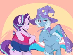 Size: 2048x1536 | Tagged: safe, artist:darkdoubloon, derpibooru import, starlight glimmer, trixie, pony, unicorn, bisexual pride flag, brooch, cape, clothes, hat, jewelry, looking at you, mouthpiece, pride, pride flag, smiling, smiling at you, transgender pride flag, trixie's brooch, trixie's cape, trixie's hat