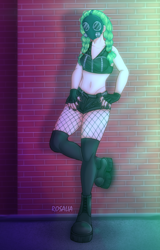 Size: 1280x1995 | Tagged: safe, artist:rosaliarayson, derpibooru import, oc, oc only, oc:sweet release, human, black nail polish, braid, braided pigtails, brick wall, clothes, fingerless gloves, fishnet stockings, gas mask, gloves, green hair, humanized, humanized oc, mask, painted nails, platform shoes, punk, short shirt, shorts, solo