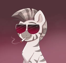 Size: 900x862 | Tagged: safe, artist:moozua, derpibooru import, oc, oc:mcmiag, zebra, drugs, marijuana, raised eyebrow, smoking, sunglasses