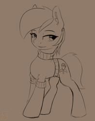 Size: 686x873 | Tagged: safe, artist:zebra, ponerpics import, roseluck, clothes, grin, monochrome, smiling, solo, sweater, turtleneck, turtleneck sweater