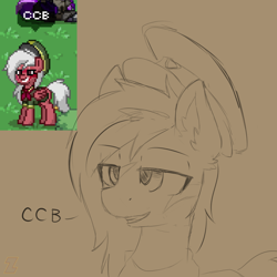 Size: 826x825 | Tagged: safe, artist:zebra, ponerpics import, oc, oc only, ashes town, bust, grin, hat, portrait, sketch, smiling, solo