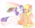 Size: 2048x1638 | Tagged: safe, artist:糖希, applejack, rarity, earth pony, pony, unicorn, blushing, chest fluff, duo, eyes closed, female, flower, flower in hair, hat off, lesbian, levitation, looking away, magic, mare, rainbow, rarijack, shipping, simple background, sitting, smiling, telekinesis, white background