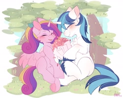 Size: 2048x1638 | Tagged: safe, artist:糖希, princess cadance, shining armor, alicorn, pony, unicorn, blushing, bouquet, cheek fluff, chest fluff, duo, eyes closed, female, flower, male, open mouth, open smile, shiningcadance, shipping, smiling, straight, teen princess cadance, teen shining armor, underhoof, younger