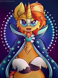 Size: 3053x4096 | Tagged: safe, alternate version, artist:canvymamamoo, derpibooru import, sunburst, pony, unicorn, abstract background, chest fluff, cloak, clothes, coat markings, cute, ear fluff, ears, glasses, happy, horn, looking at you, male, open mouth, smiling, socks (coat marking), solo, stallion, sunbetes, sunburst's cloak, unshorn fetlocks