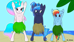 Size: 3840x2160 | Tagged: safe, artist:sc_orion, princess celestia, princess luna, rainbow dash, alicorn, pegasus, pony, beach, bipedal, blushing, chest fluff, ethereal mane, female, frown, grass skirt, horn, looking at someone, looking at you, looking sideways, mare, smiling, smiling at you, trio, trio female, underhoof, water, wings