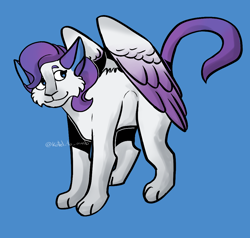 Size: 1044x992 | Tagged: safe, artist:koteltomaslo, derpibooru import, rarity, cat, blue background, catified, female, raricat, simple background, species swap, winged cat