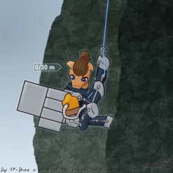 Size: 1000x1000 | Tagged: safe, artist:hiddelgreyk, derpibooru import, earth pony, pony, atg 2022, cliff, climbing, death stranding, exoskeleton, looking down, newbie artist training grounds, ponified, ponytail, rope, sam porter bridges, signature