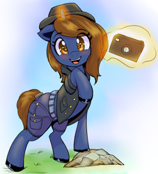 Size: 1090x1200 | Tagged: safe, artist:ahobobo, derpibooru import, oc, oc only, oc:mod-madclicker, pony, unicorn, belt, blushing, camera, clothes, denim, denim shorts, fedora, female, hat, jeans, levitation, looking at you, magic, mare, open mouth, open smile, pants, shorts, smiling, smiling at you, solo, telekinesis, vest