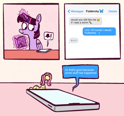 Size: 1742x1637 | Tagged: safe, artist:horsewizardart, derpibooru import, fluttershy, twilight sparkle, twilight sparkle (alicorn), alicorn, pony, worm, book, cellphone, comic, dialogue, duo, female, implied transformation, levitation, magic, mare, phone, smartphone, smiling, species swap, telekinesis, texting, wat